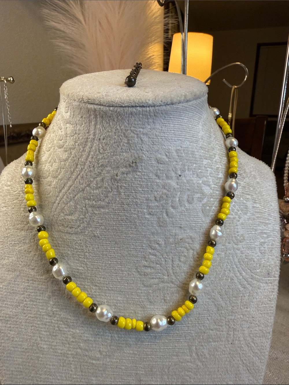 Yellow Beaded Pearl Accent Necklace